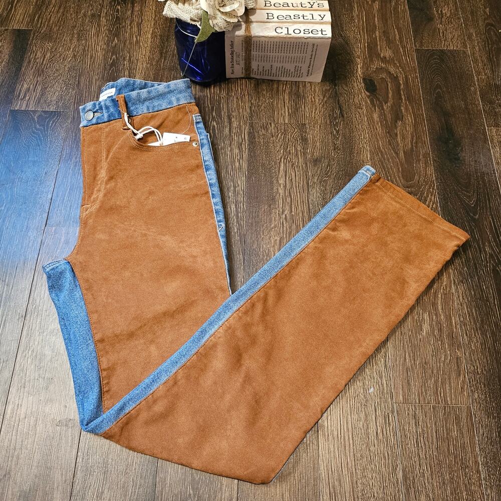 Good American Jeans Icon Mixed Media Straight Faux Suede Pants Jean 0 25 NWT